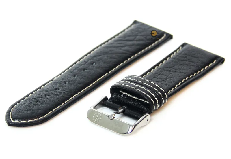Horlogeband 22mm zwart leer met wit stiksel